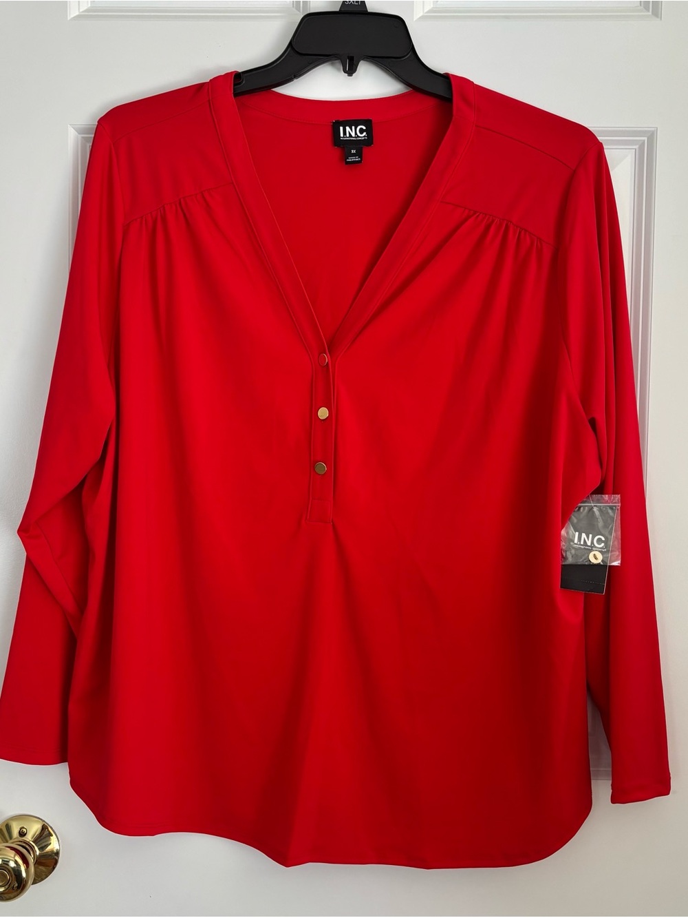 INC International Concepts Bright Red Long-Sleeve Henley Blouse